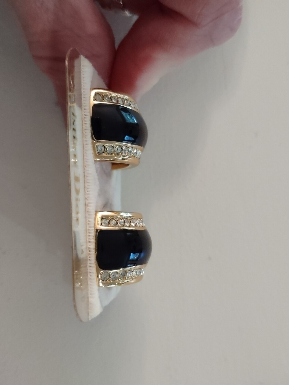 Christian Dior 14K Gold Post Half Hoop Black Enamel Earrings Vintage On Card - Picture 6 of 10